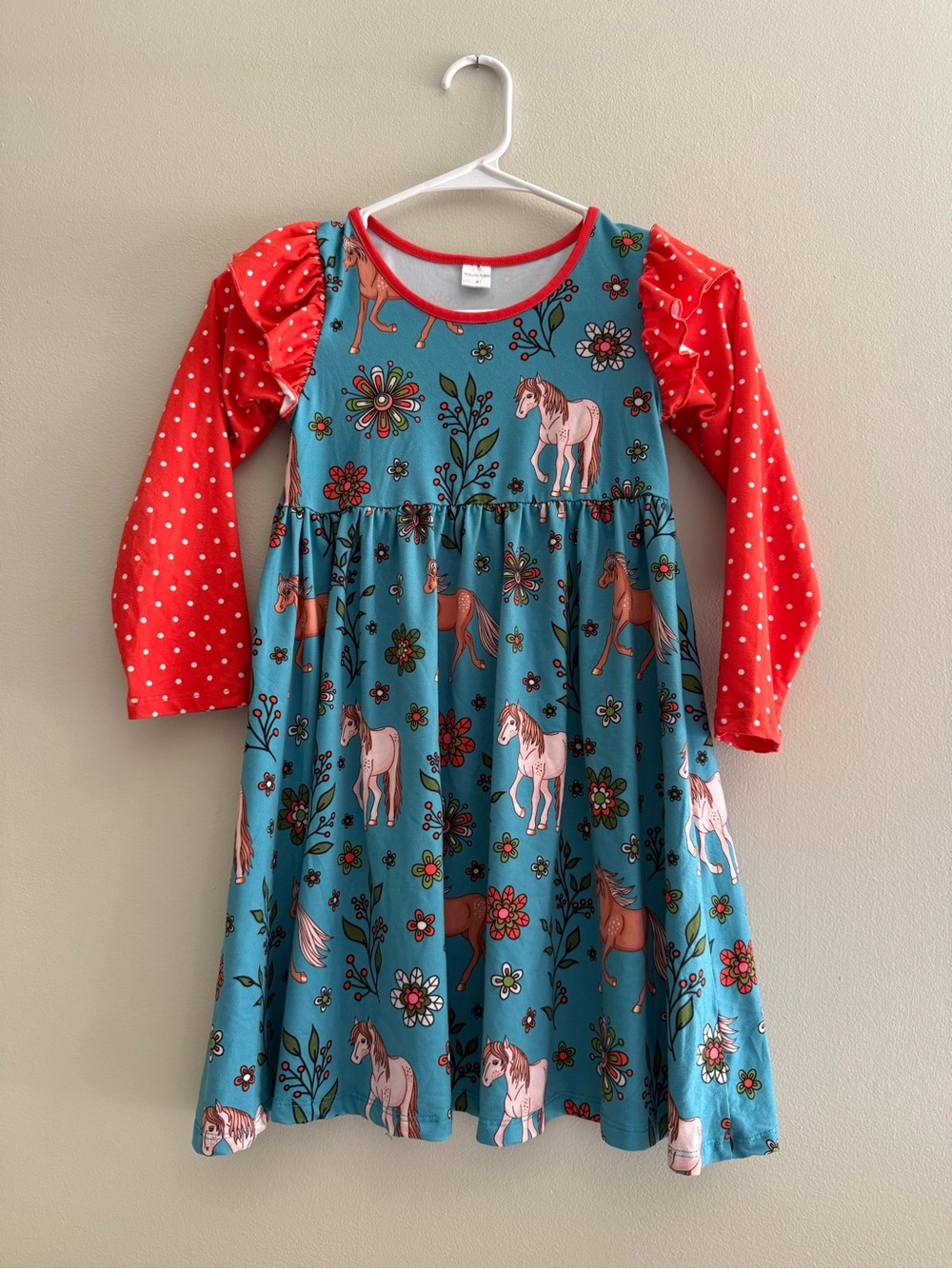 Penelope Plumm Girls Horse Print Teal Dress with Polka Dot Long Sleeves 🐴